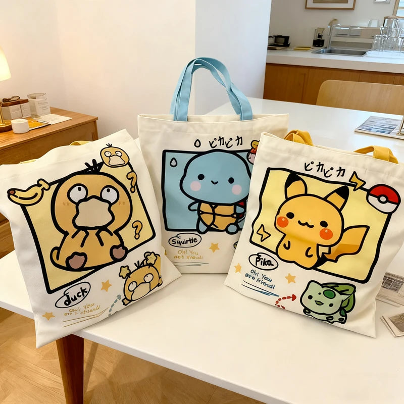 HOT Sale Pokemon Pikachu Canvas Shoulder Bags Psyduck Squirtle Ladies Casual Handbag Reusable Large Capacity Women Shopping Bag