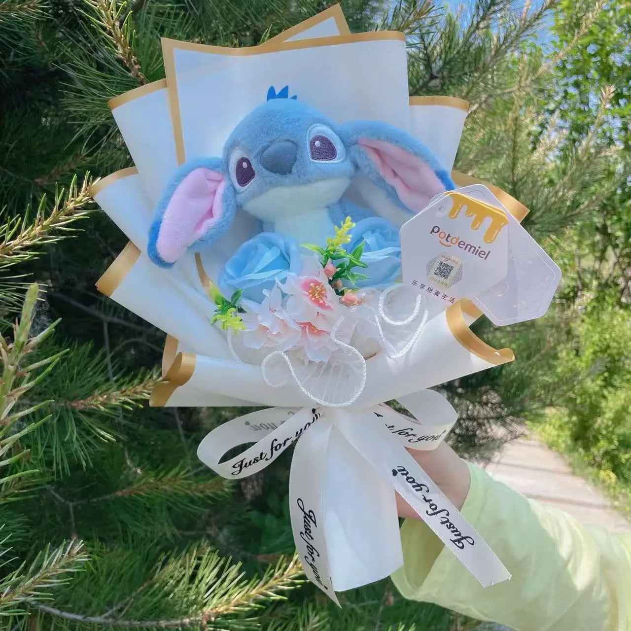 Genuine Amine Stitch Plush Dolls With Sunflowers Roses Creative Bouquets Christmas Birthday Graduation Valentine Gifts
