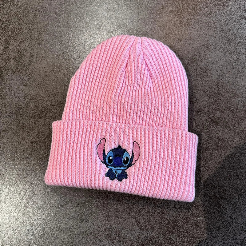 Cartoon Stitch Knit Hat Embroidered Benie Cap Cute Unisex Warm Stretchy Hats Outdoor Thermal Caps Christmas Gift for Boy Girl
