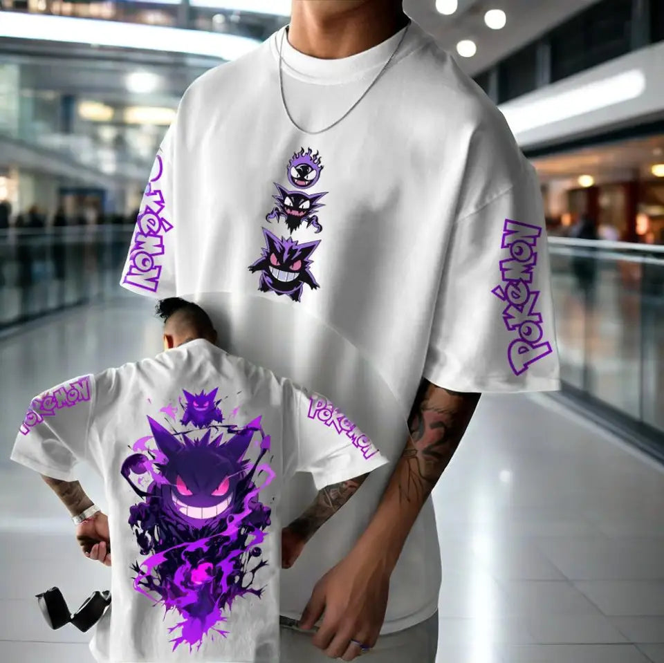 Pokémon Animation Derivatives Gengar Printing T-shirt Men's and Women's Summer Oversize Loose Cotton Street Trend Brand Top