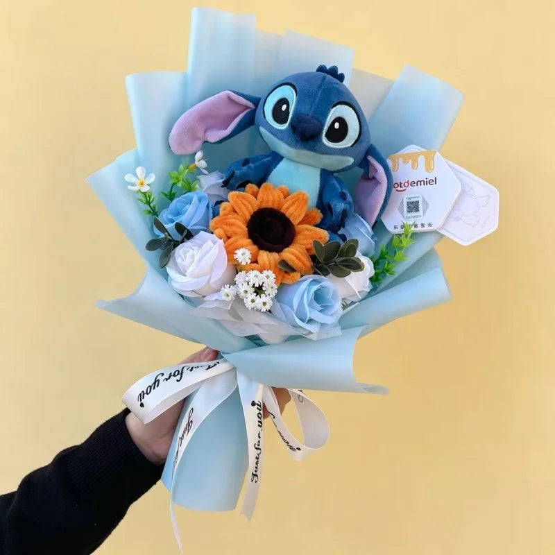 Genuine Amine Stitch Plush Dolls With Sunflowers Roses Creative Bouquets Christmas Birthday Graduation Valentine Gifts