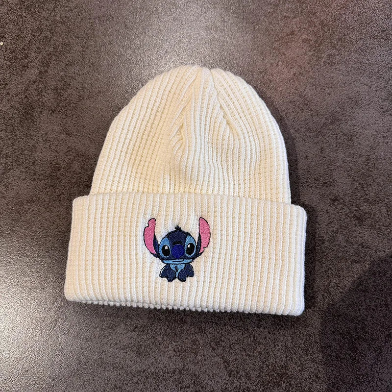 Cartoon Stitch Knit Hat Embroidered Benie Cap Cute Unisex Warm Stretchy Hats Outdoor Thermal Caps Christmas Gift for Boy Girl