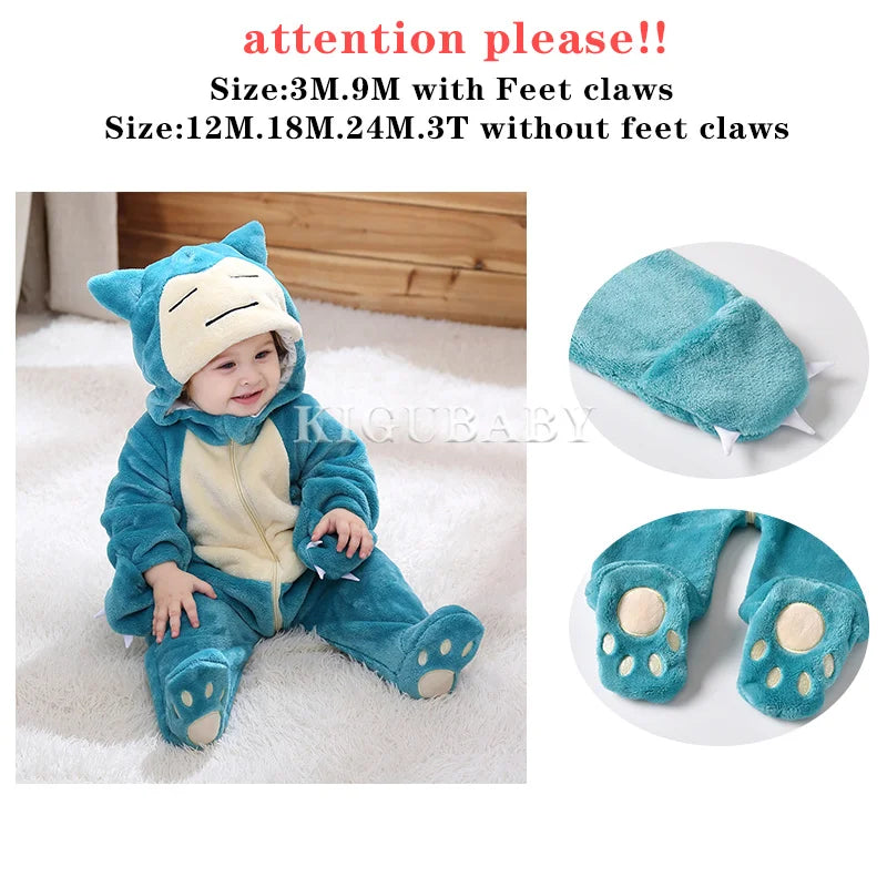 Pokemon Pikachu Snorlax Baby Clothes  Baby Jumpsuit Pajamas Newborn Bodysuit 0-3 Years Old Cosplay Costume Hooded Onesie