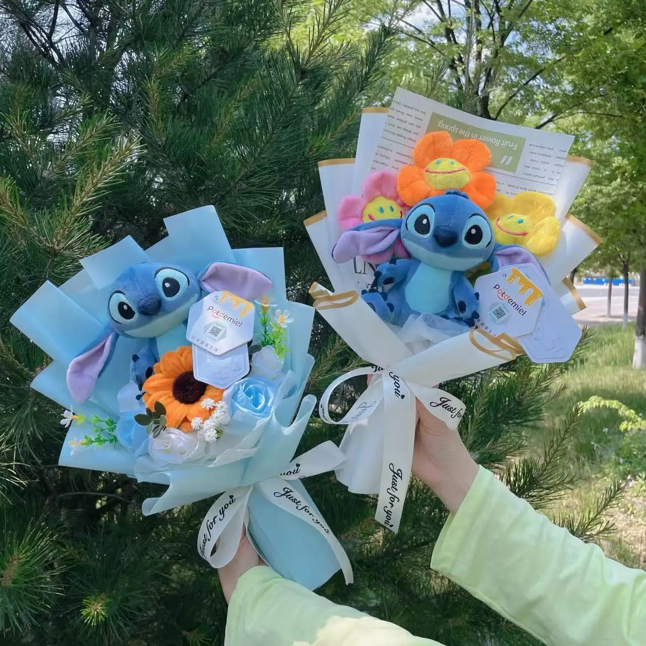 Genuine Amine Stitch Plush Dolls With Sunflowers Roses Creative Bouquets Christmas Birthday Graduation Valentine Gifts