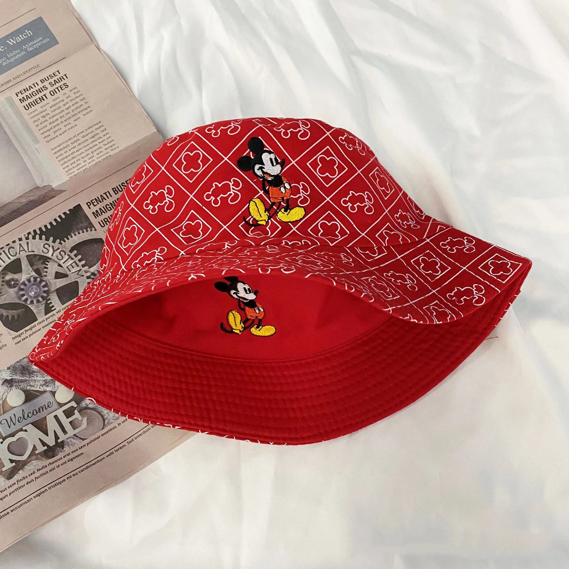 Mickey Mouse Cartoon Universal Fisherman Hat Double-sided Printing Cotton Cap Birthday For Kids Gifts Circumference 56-58cm