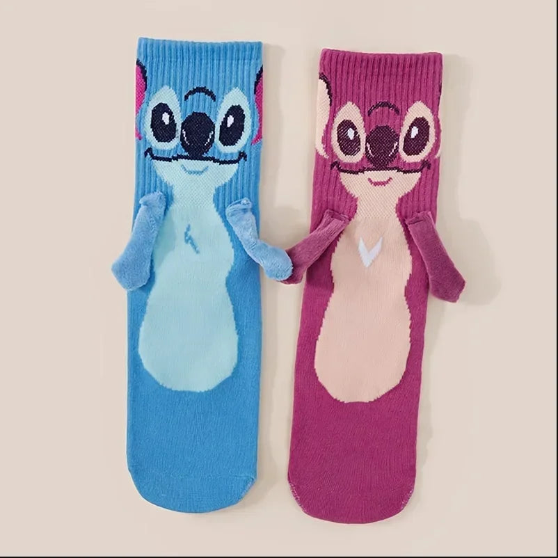 Disney Anime Stitch Angel Magnetic Attraction Hand in Hand Socks Men and Women Mid Tube Couple Socks Floor Socks Funny Home