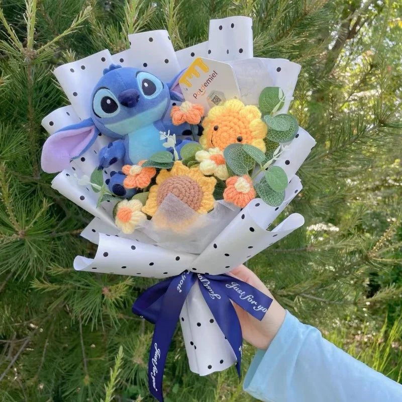 Genuine Amine Stitch Plush Dolls With Sunflowers Roses Creative Bouquets Christmas Birthday Graduation Valentine Gifts