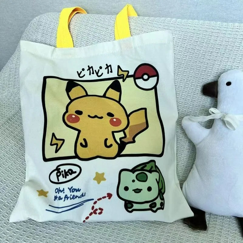 HOT Sale Pokemon Pikachu Canvas Shoulder Bags Psyduck Squirtle Ladies Casual Handbag Reusable Large Capacity Women Shopping Bag