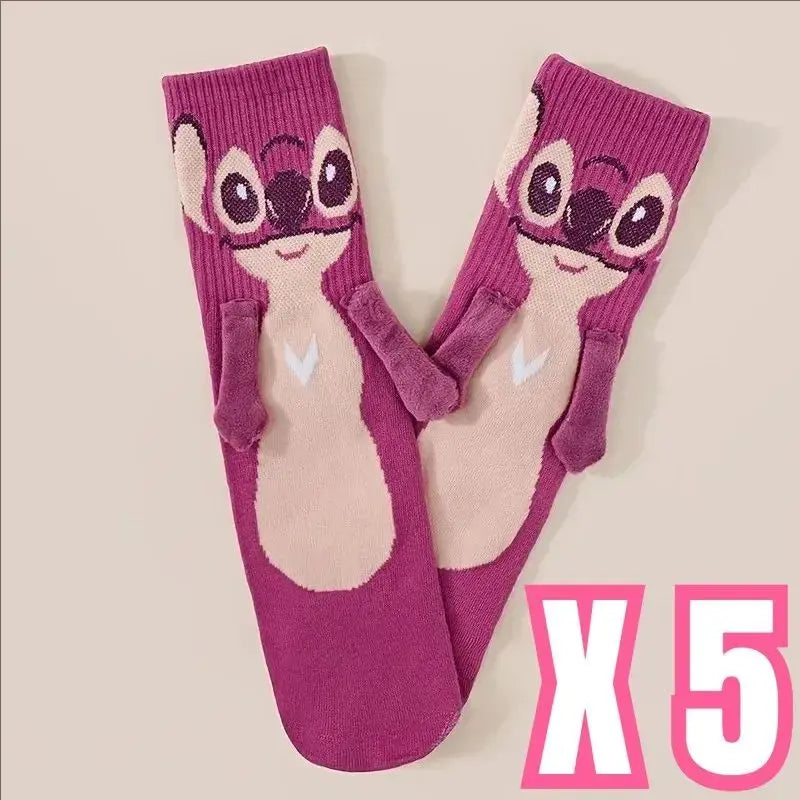 Disney Anime Stitch Angel Magnetic Attraction Hand in Hand Socks Men and Women Mid Tube Couple Socks Floor Socks Funny Home