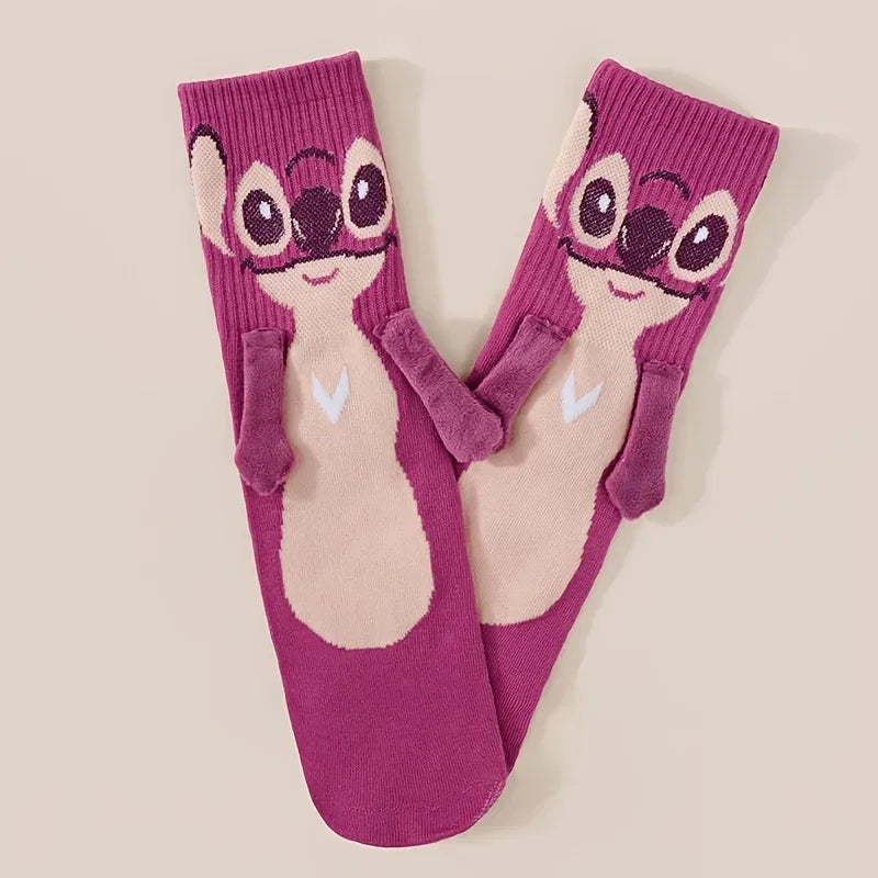 Disney Anime Stitch Angel Magnetic Attraction Hand in Hand Socks Men and Women Mid Tube Couple Socks Floor Socks Funny Home