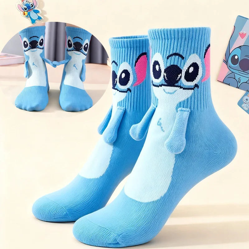 Disney Anime Stitch Angel Magnetic Attraction Hand in Hand Socks Men and Women Mid Tube Couple Socks Floor Socks Funny Home