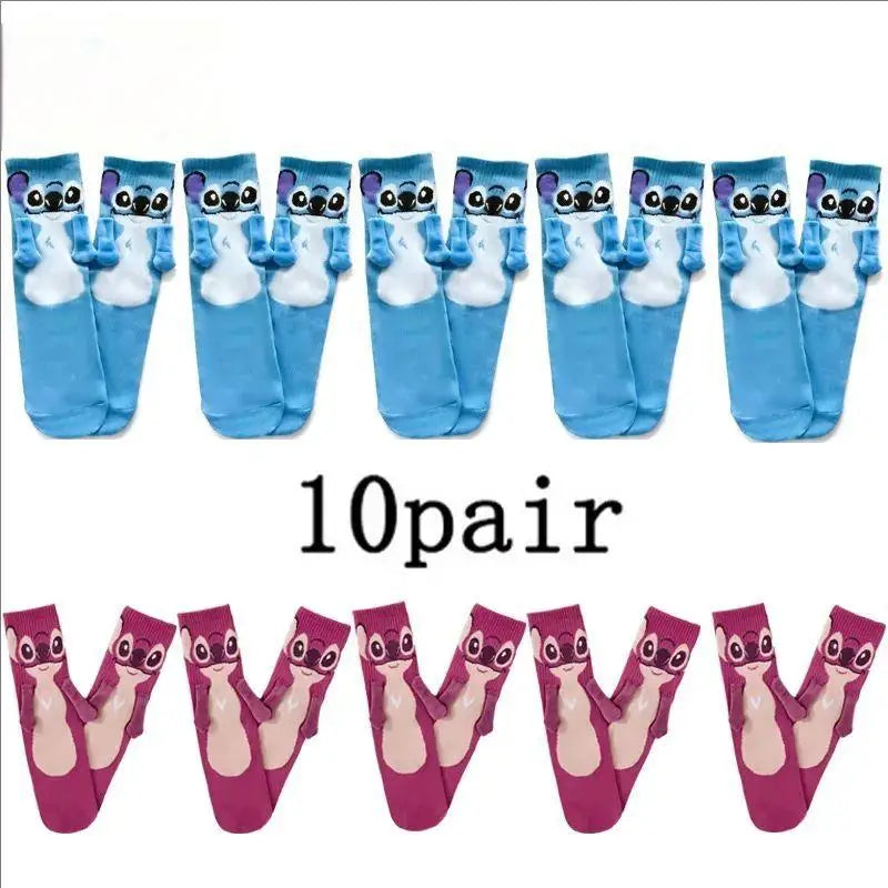 Disney Anime Stitch Angel Magnetic Attraction Hand in Hand Socks Men and Women Mid Tube Couple Socks Floor Socks Funny Home