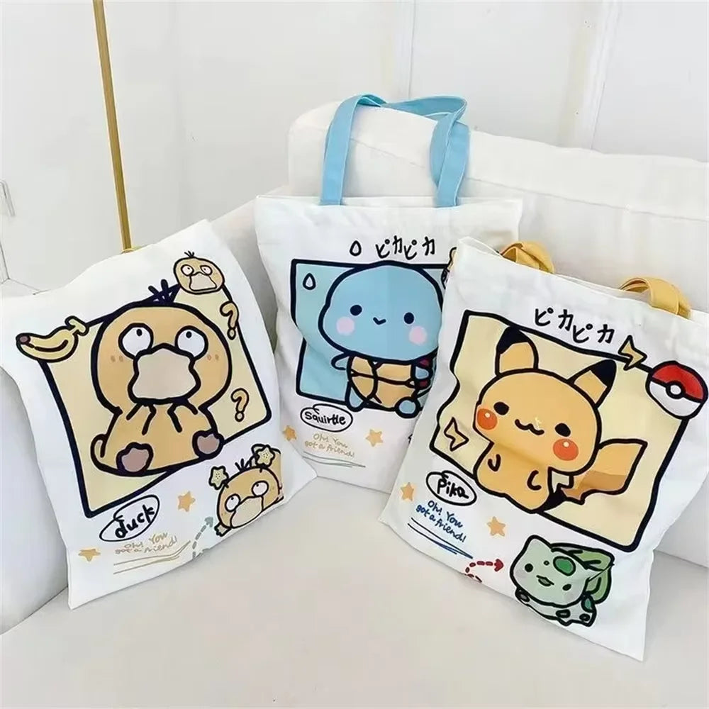 HOT Sale Pokemon Pikachu Canvas Shoulder Bags Psyduck Squirtle Ladies Casual Handbag Reusable Large Capacity Women Shopping Bag