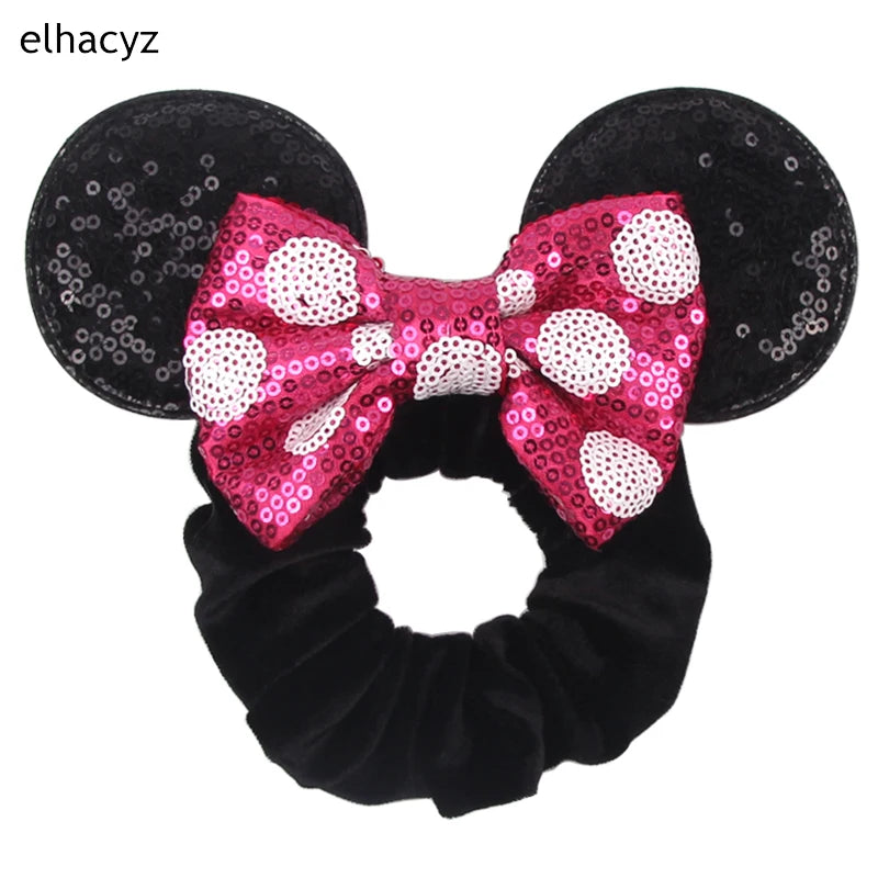 Cartoon Polka Dot Bow Hair Scrunchies Velvet Hairbands For Girls Sequins Bows Headbands Women Kids Party DIY Decoration