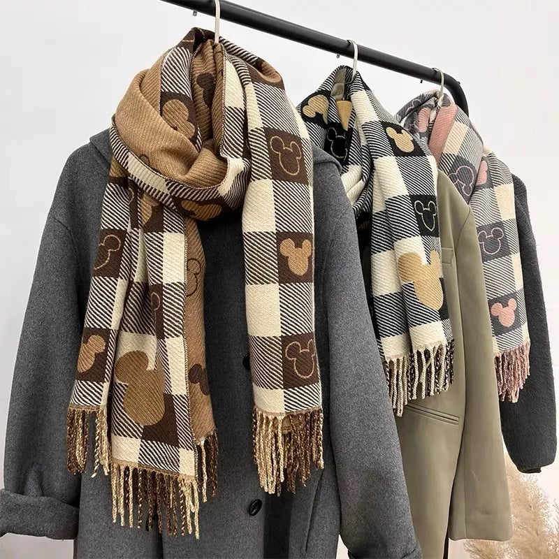 Disney Mickey Mouse Print Double-Sided Scarf Autumn Winter Women's Warm Scarf Outdoor Shawl Fashion Retro Scarf Gift