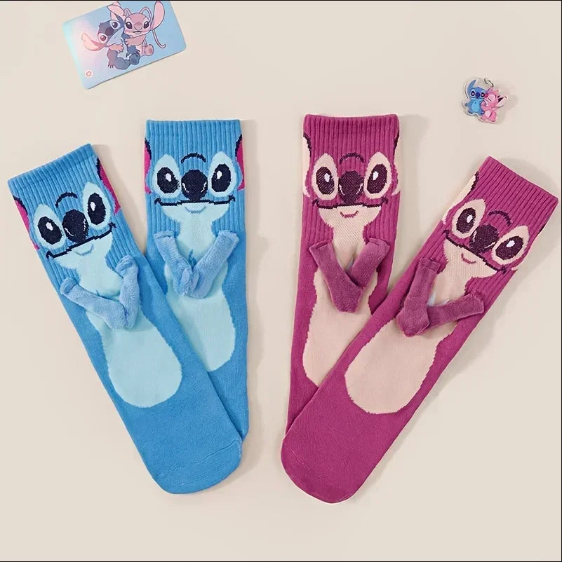 Disney Anime Stitch Angel Magnetic Attraction Hand in Hand Socks Men and Women Mid Tube Couple Socks Floor Socks Funny Home