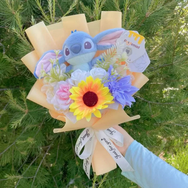 Genuine Amine Stitch Plush Dolls With Sunflowers Roses Creative Bouquets Christmas Birthday Graduation Valentine Gifts