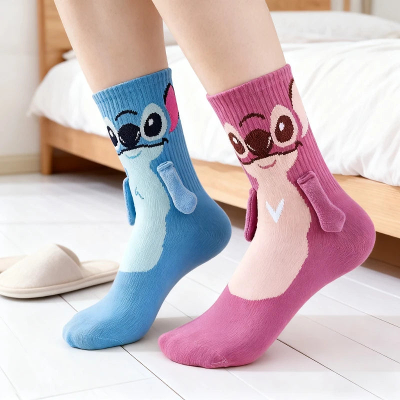 Disney Anime Stitch Angel Magnetic Attraction Hand in Hand Socks Men and Women Mid Tube Couple Socks Floor Socks Funny Home