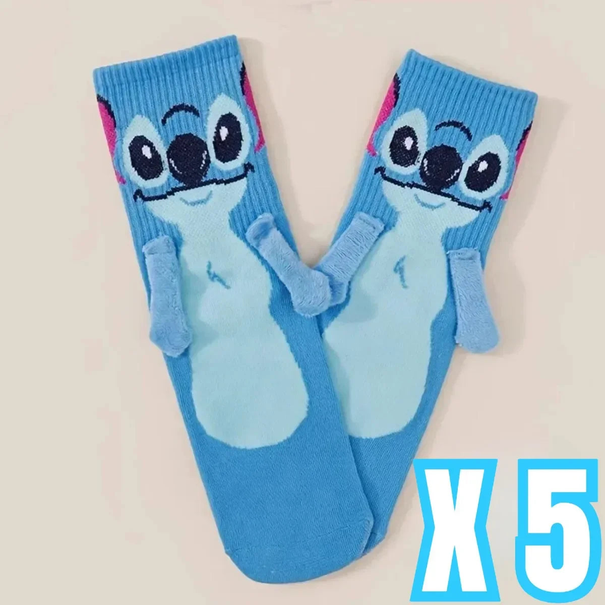 Disney Anime Stitch Angel Magnetic Attraction Hand in Hand Socks Men and Women Mid Tube Couple Socks Floor Socks Funny Home